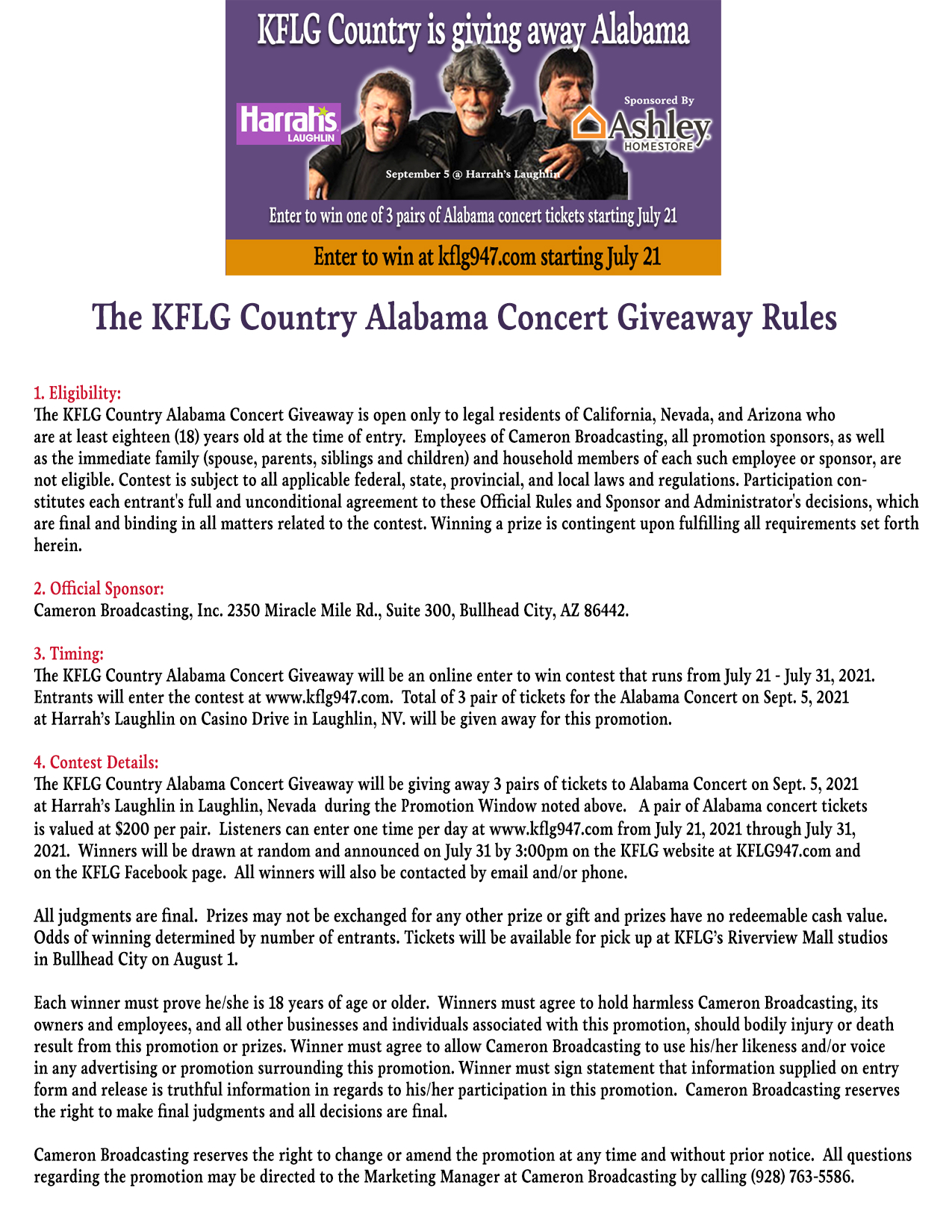 KFLG Country Alabama Concert Giveaway Rules