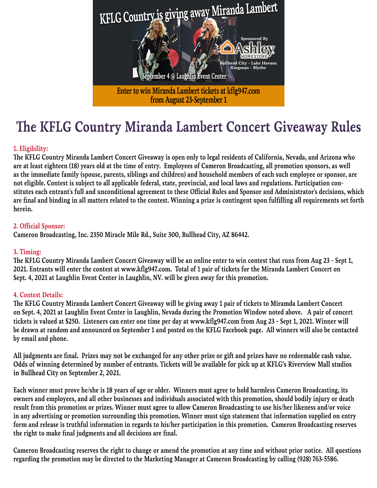 KFLG Country Miranda Lambert Concert Giveaway Rules