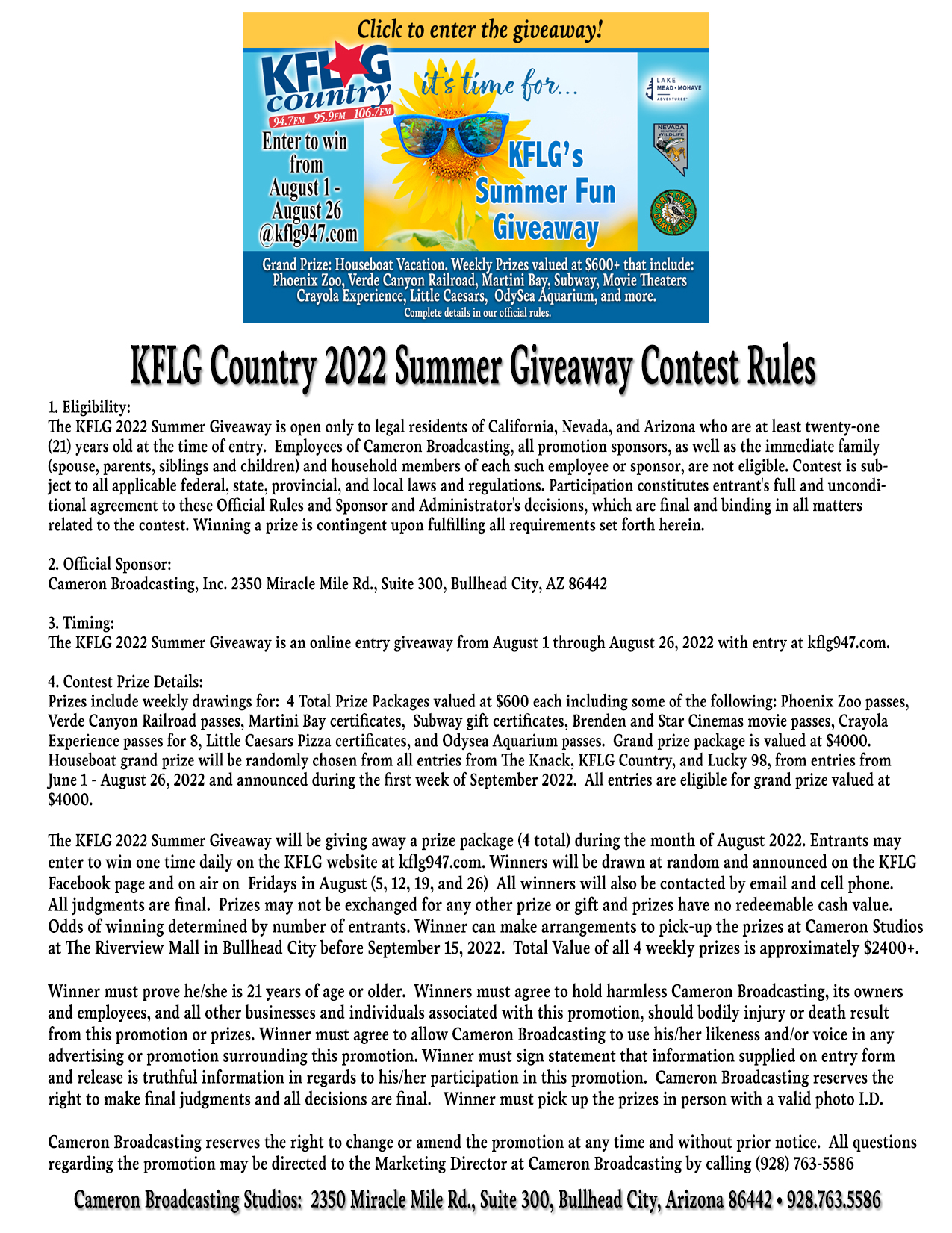 KFLG Country 2022 Summer Giveaway Contest Rules