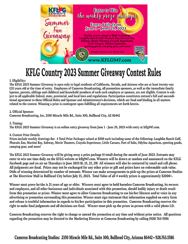KFLG Country Summer Giveaway Contest Rules